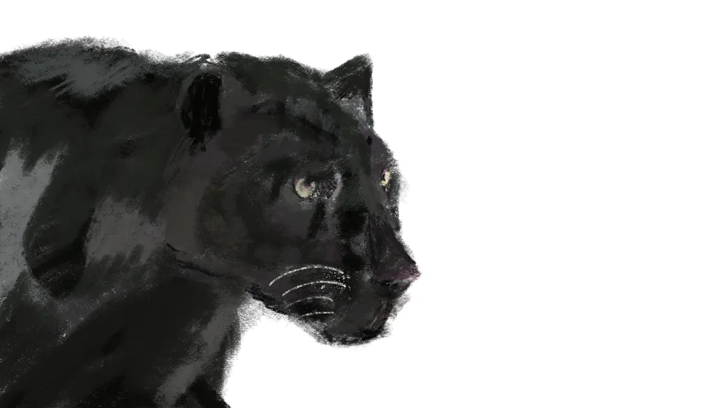 Keyframe one: a hand-painted black panther in profile, head lowered, mouth closed.