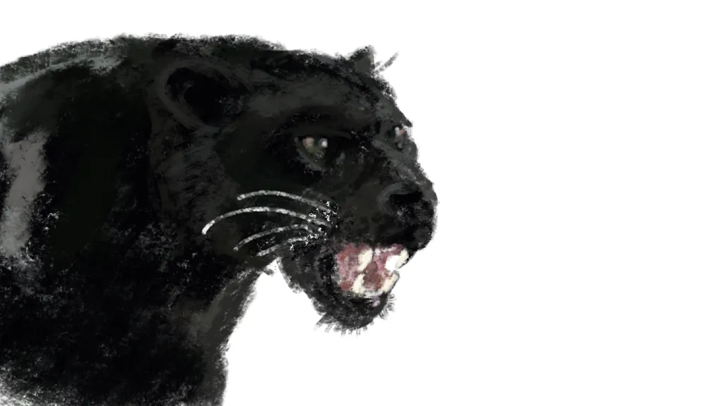 Keyframe two: the same panther snarling, mouth open on its teeth.