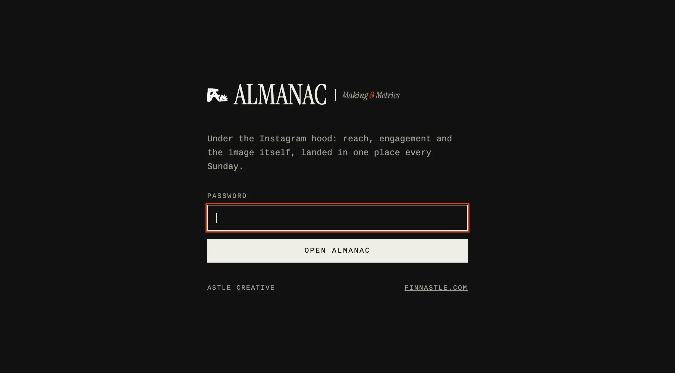 The Almanac login screen: the hand-brushed FA sun signature, ALMANAC in serif, Making & Metrics, and a single password field