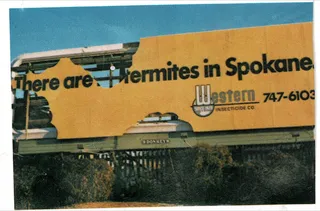 A damaged roadside billboard reading “There are no termites in Spokane”.
