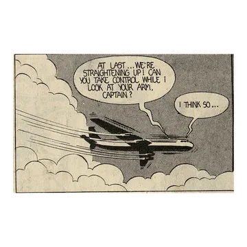 A comic-book aeroplane against halftone-dotted clouds.