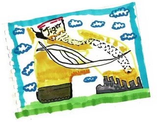 A painted collage of a Converse sneaker over a drawn skyline.