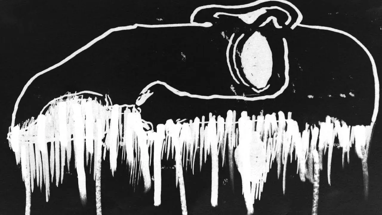 The same drawing style inverted: a white line figure lying across a black ground, with long white drips running down from it.