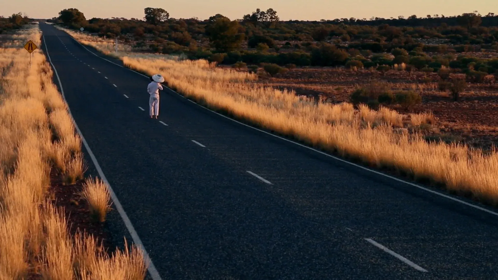 A single figure in white, small in the distance, walking the centre line of an empty highway through dry scrub.