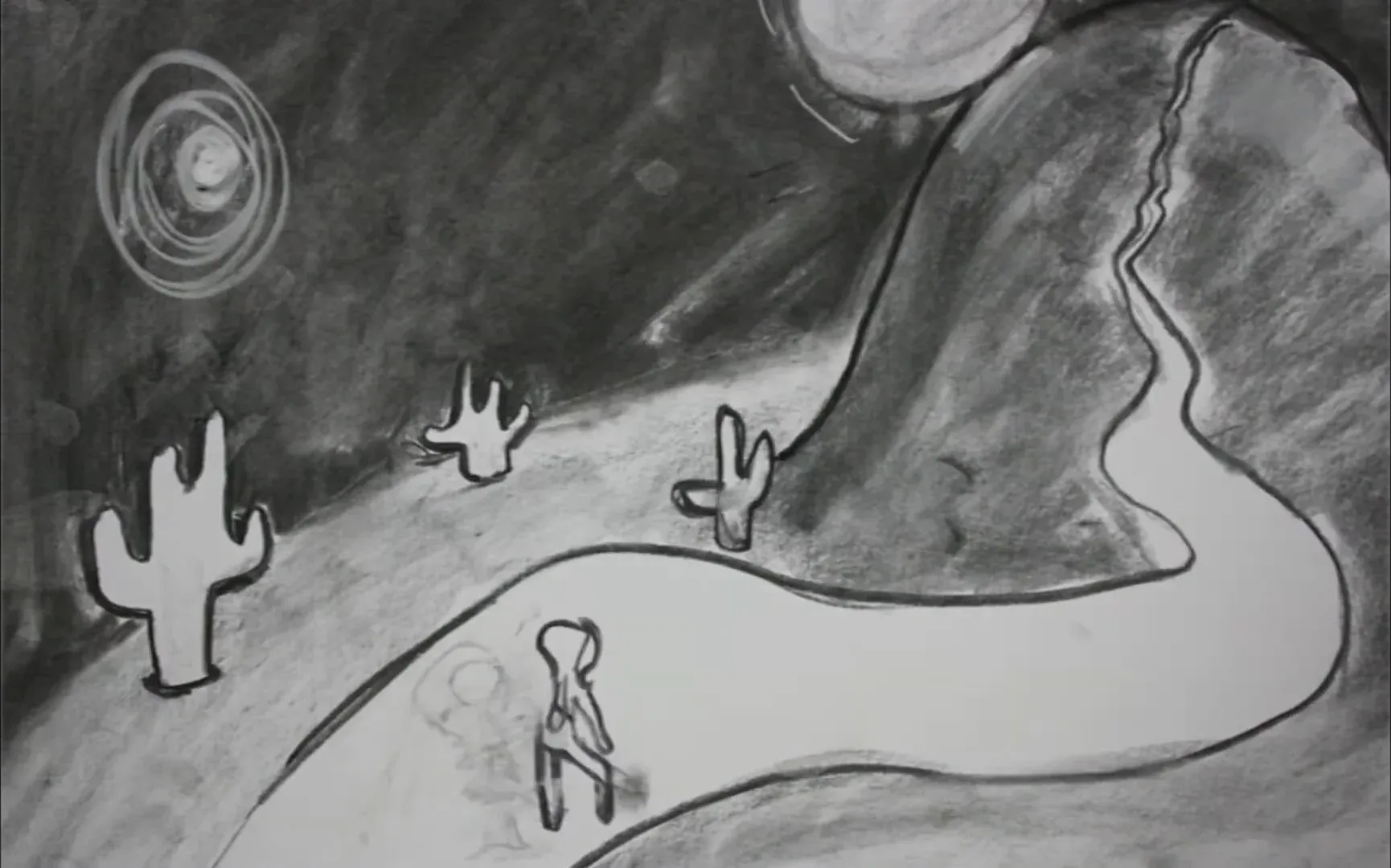 A charcoal landscape: a figure walks a pale path winding between cacti, under a spiral sun worked into a dark sky.