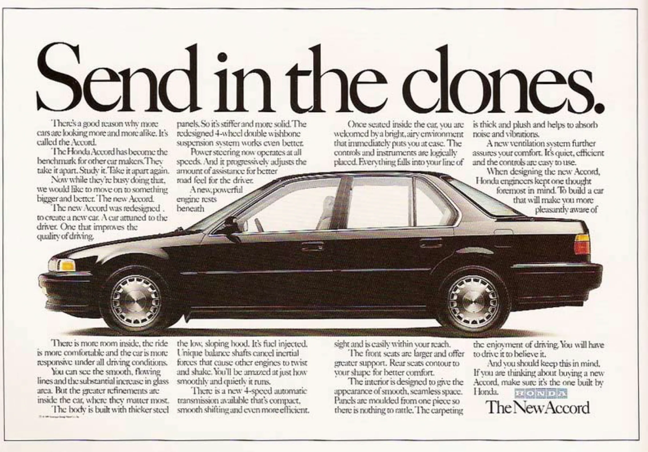 A print ad with the headline "Send in the clones." over a photograph of a black Honda Accord sedan and columns of body copy.