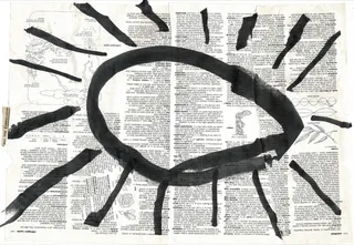 A sun drawn in thick black ink across a spread of newsprint.