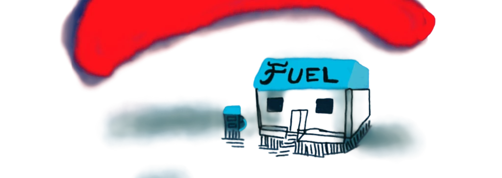 Fuel station under painted arc, cyan scene