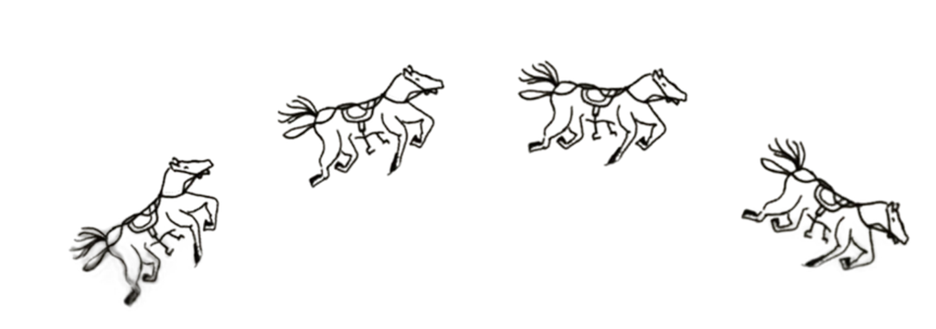 Horse procession, black ink